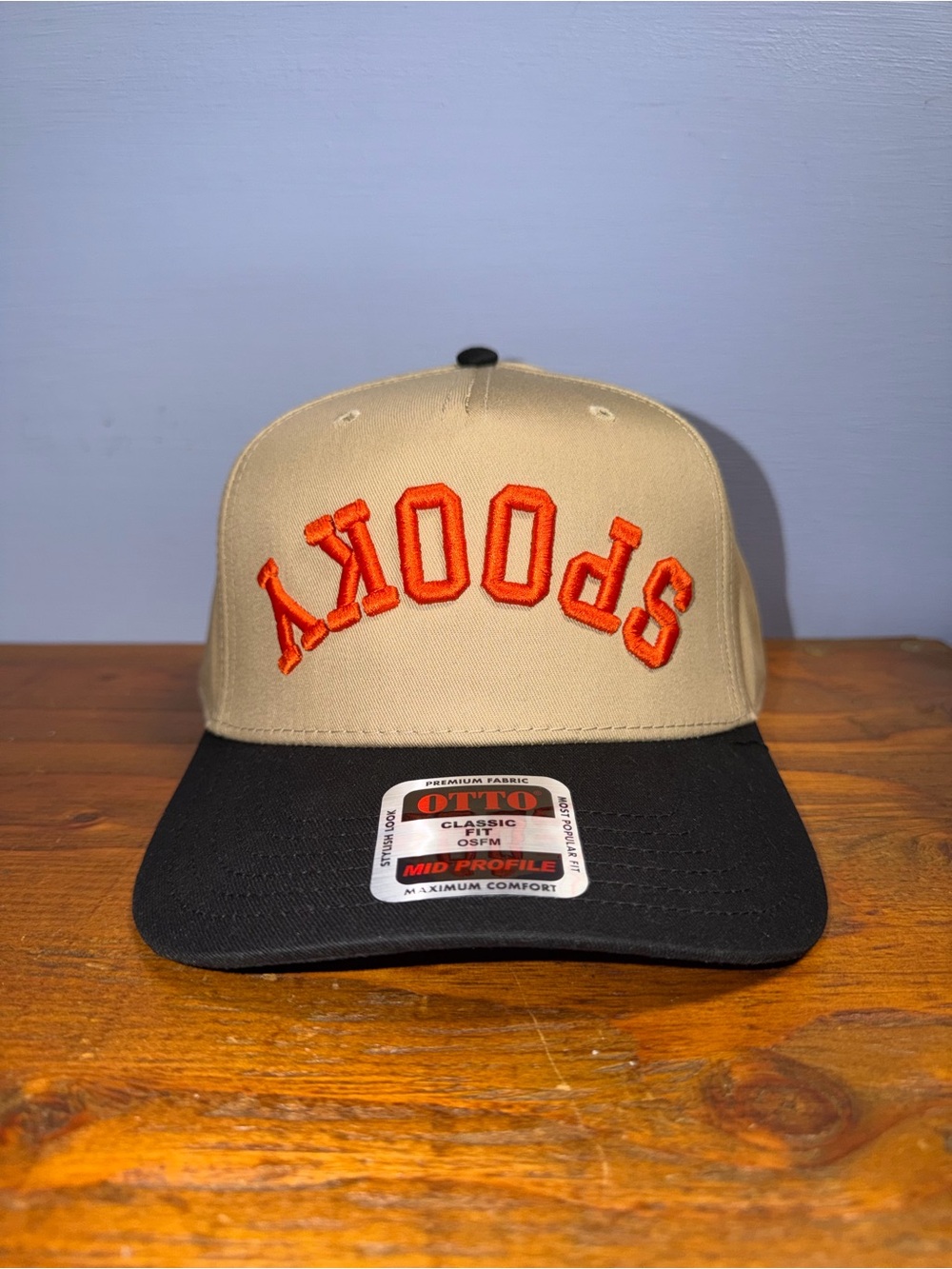Spooky Embroidered Two-Tone Adjustable Snap Back Hat - Tan & Black